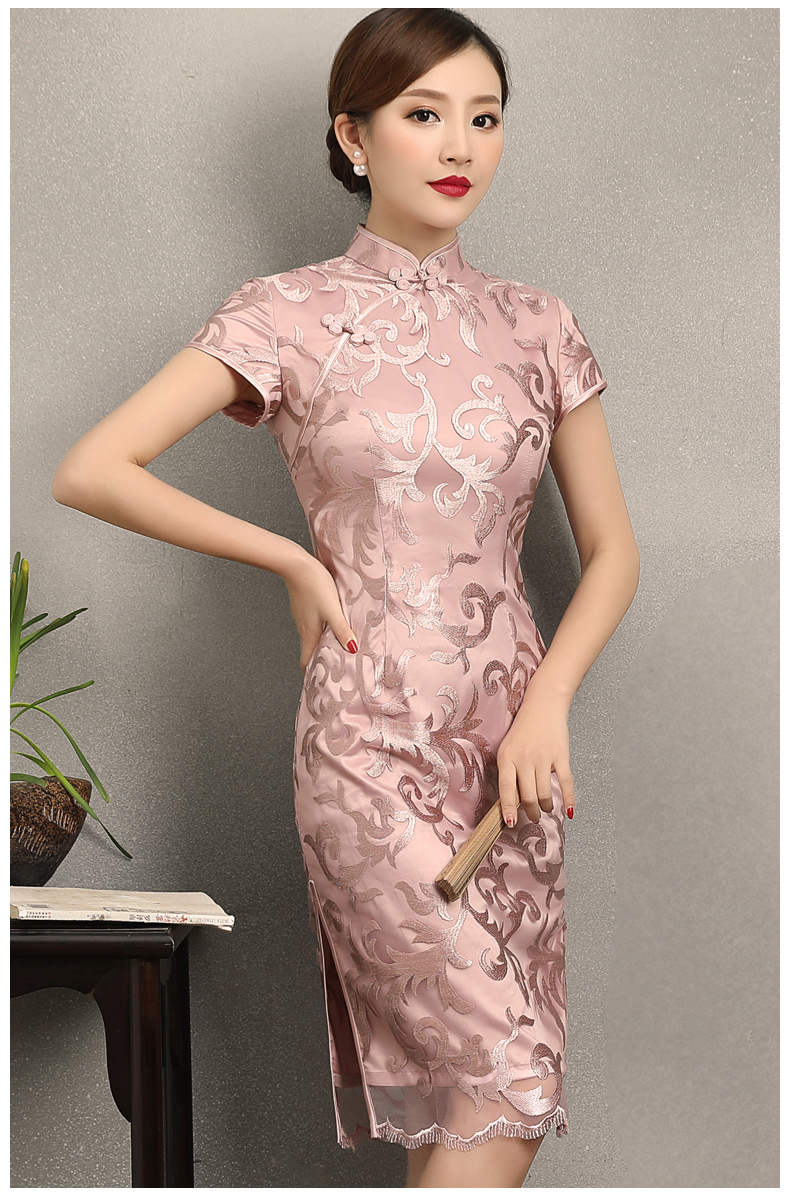 粉蕓蕾絲繡花旗袍，清新淡雅時(shí)尚旗袍裙