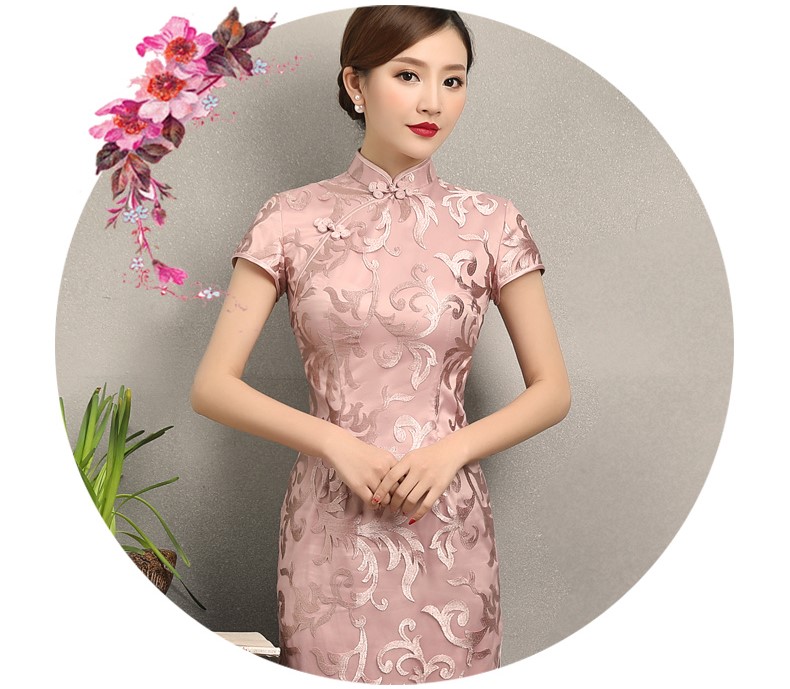 粉蕓蕾絲繡花旗袍，清新淡雅時(shí)尚旗袍裙