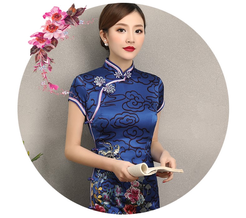 藍(lán)云真絲旗袍，古典祥云旗袍裙