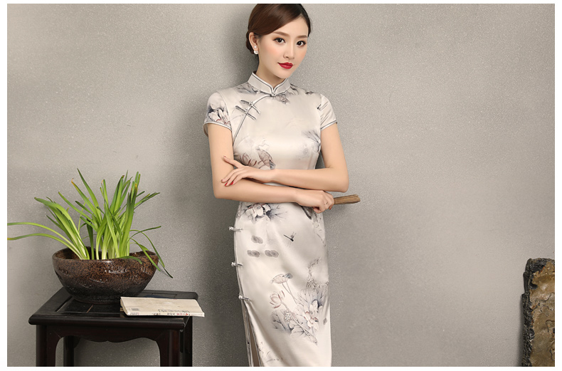 荷香四溢短袖旗袍，中式印花旗袍裙