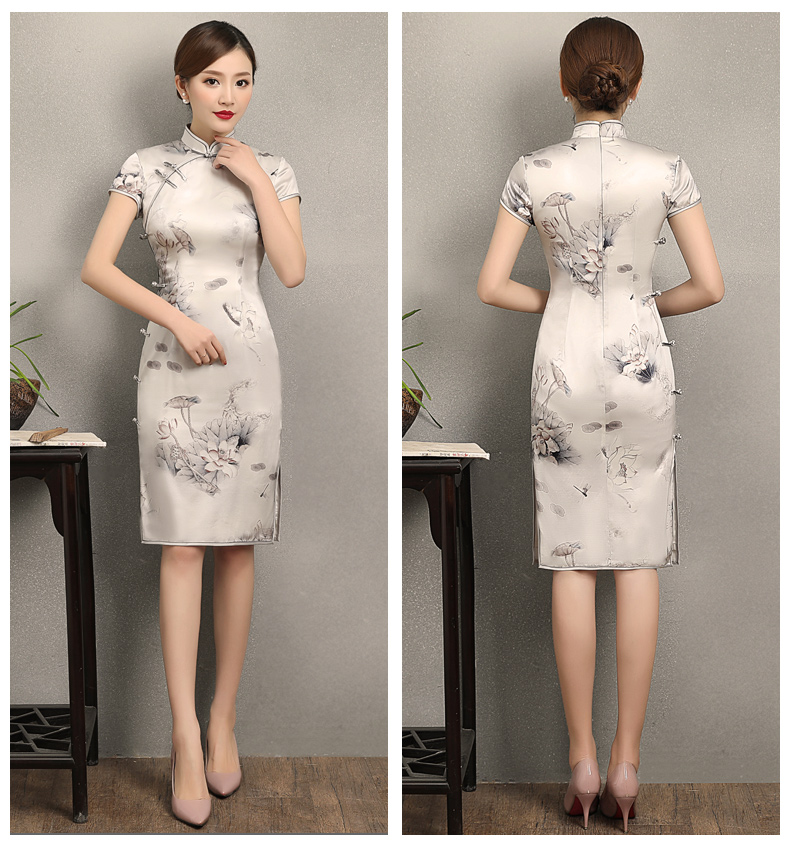 荷香四溢短袖旗袍，中式印花旗袍裙
