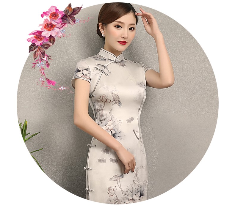 荷香四溢短袖旗袍，中式印花旗袍裙