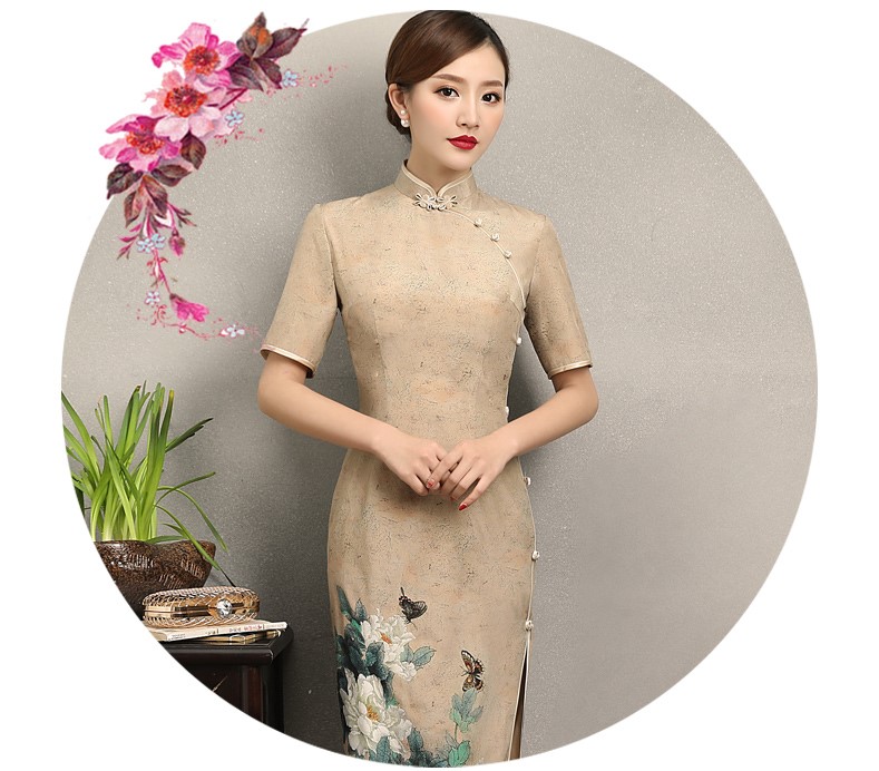 復(fù)古韻味旗袍，牡丹蝶香旗袍裙