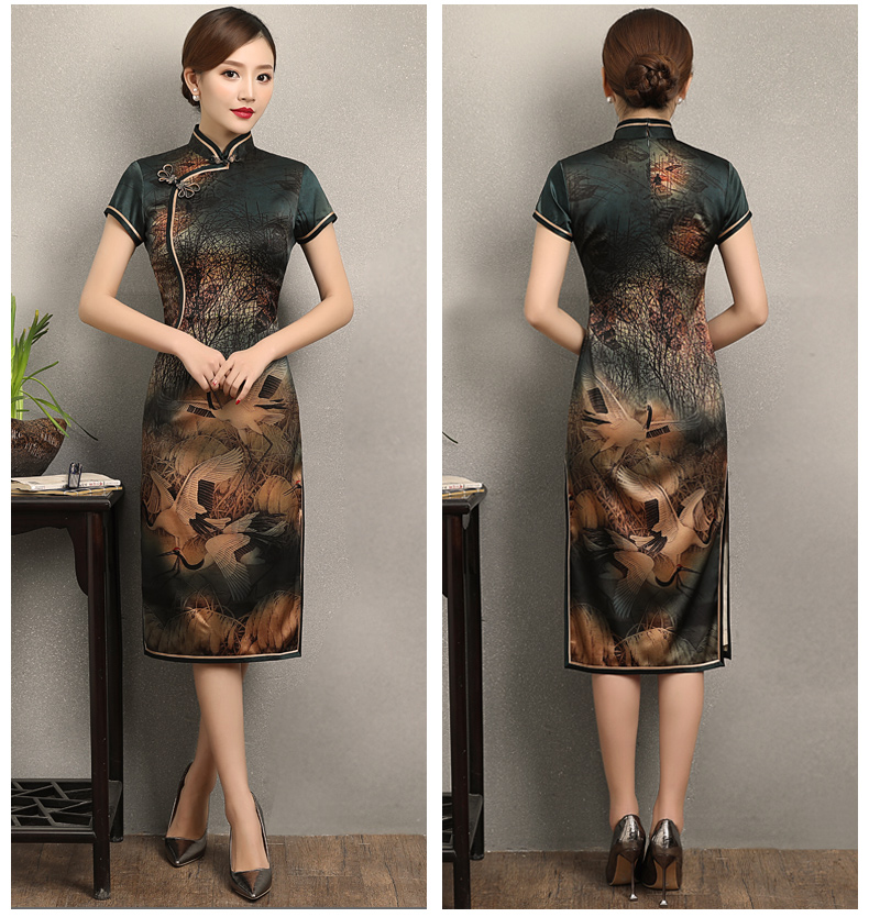 家佳樂文學(xué)仙鶴飛舞旗袍，優(yōu)雅古典修身旗袍裙