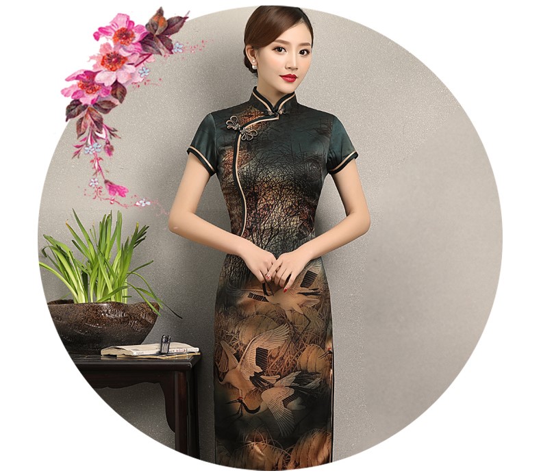 家佳樂文學(xué)仙鶴飛舞旗袍，優(yōu)雅古典修身旗袍裙