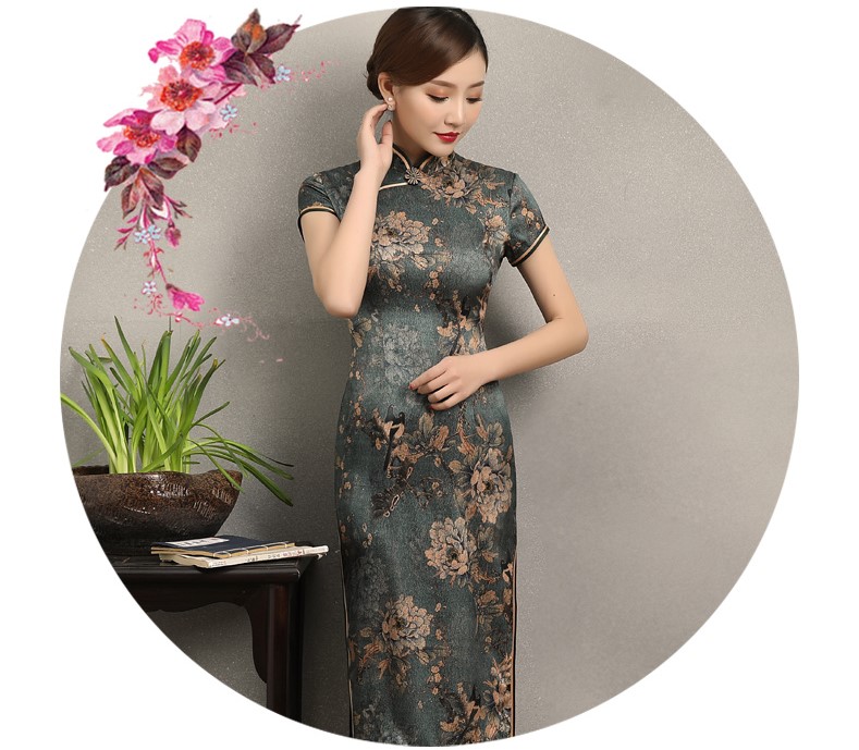 家佳樂文學花牡丹旗袍，復古典雅修身旗袍裙