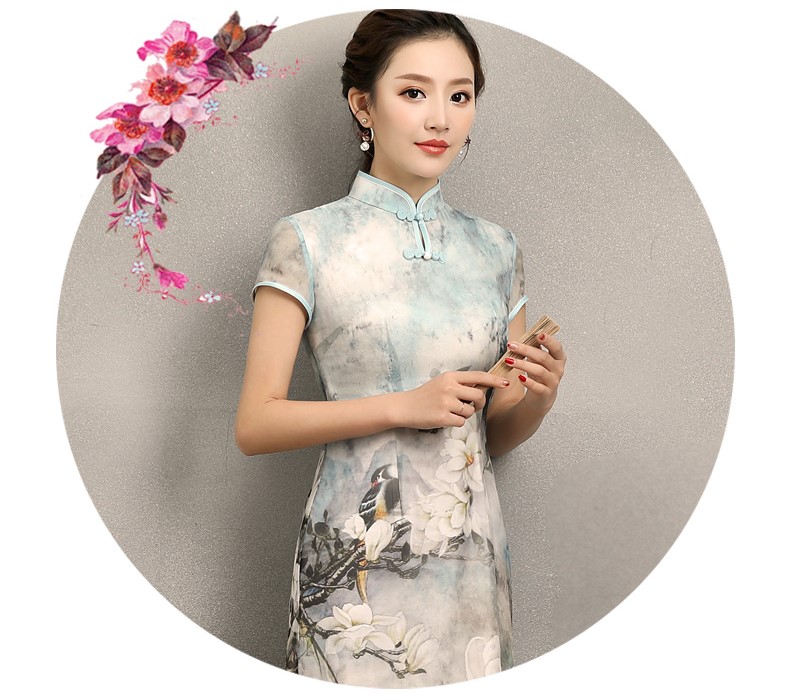 清雅華貴白玉蘭旗袍，復(fù)古真絲旗袍裙