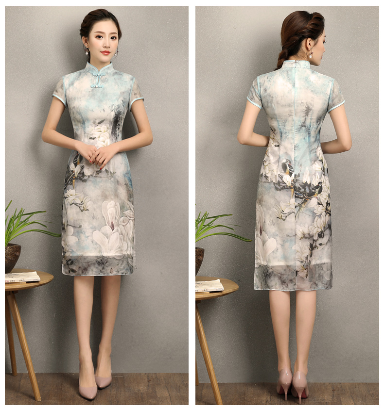 清雅華貴白玉蘭旗袍，復(fù)古真絲旗袍裙