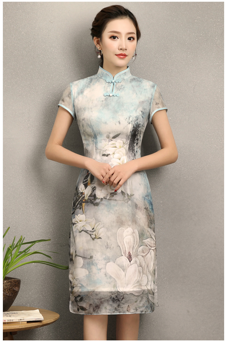 清雅華貴白玉蘭旗袍，復(fù)古真絲旗袍裙