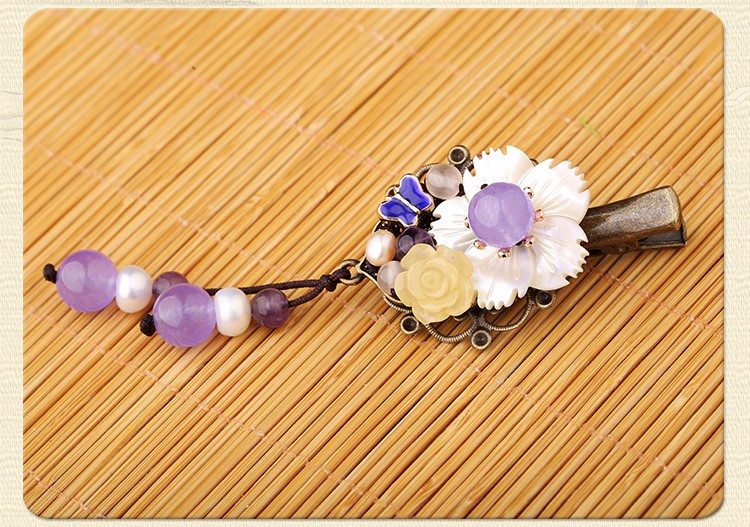 淡紫彩玉超仙發(fā)夾，古風(fēng)貝殼花朵頭飾