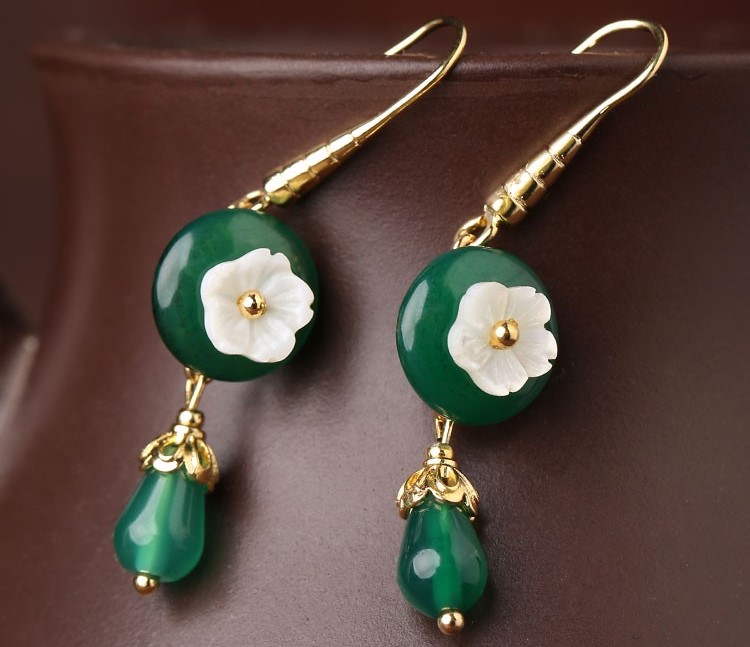 復(fù)古小花朵綠瑪瑙耳環(huán)，古風(fēng)文藝復(fù)古首飾