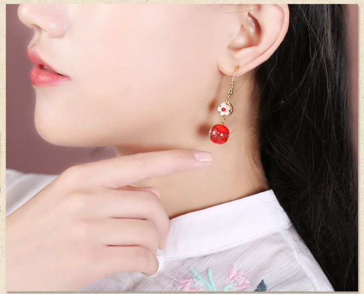 復(fù)古琉璃吊墜耳環(huán)，古風(fēng)花朵紅色首飾
