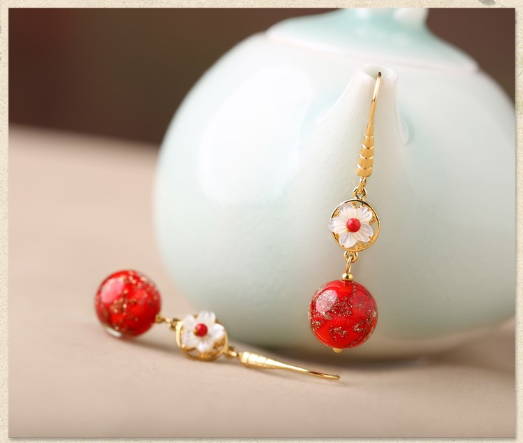 復(fù)古琉璃吊墜耳環(huán)，古風(fēng)花朵紅色首飾
