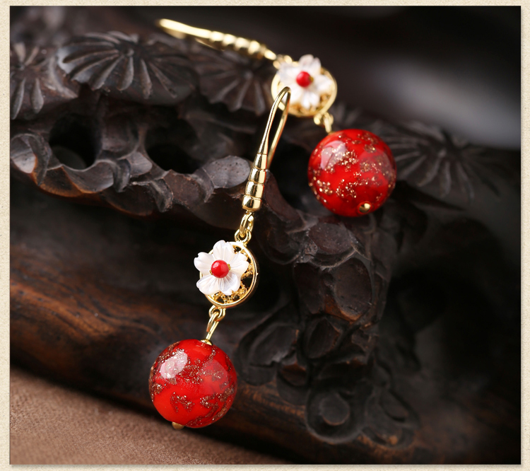 復(fù)古琉璃吊墜耳環(huán)，古風(fēng)花朵紅色首飾