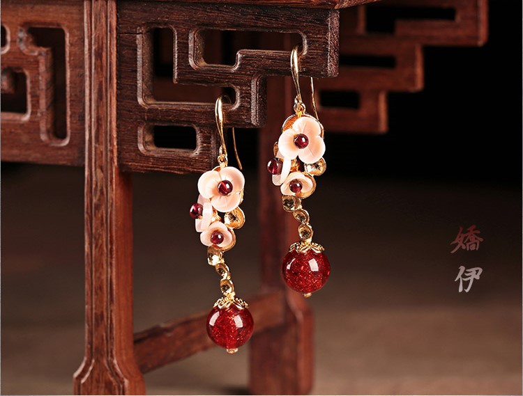 貝殼花朵琉璃吊墜耳環(huán)，古風(fēng)氣質(zhì)嬌雅清新首飾