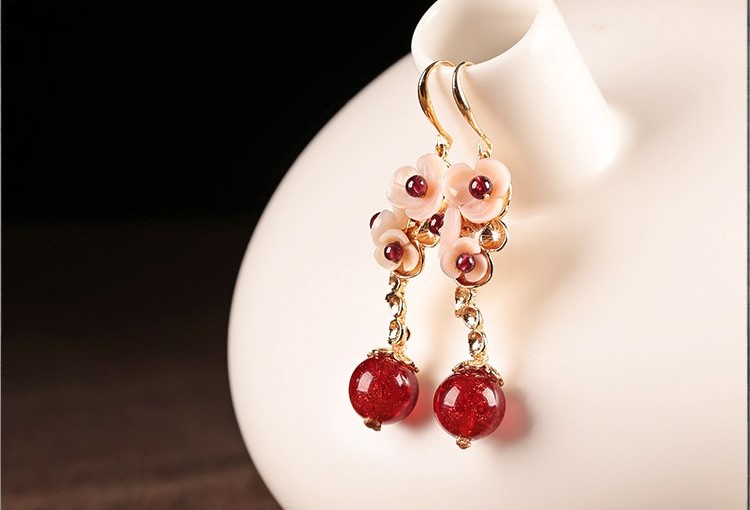 貝殼花朵琉璃吊墜耳環(huán)，古風(fēng)氣質(zhì)嬌雅清新首飾