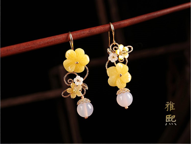 新穎黃花朵耳墜耳環(huán)，古風清新氣質(zhì)首飾