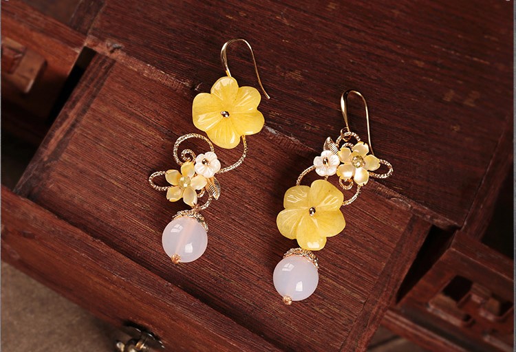 新穎黃花朵耳墜耳環(huán)，古風清新氣質(zhì)首飾