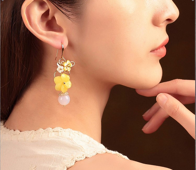 新穎黃花朵耳墜耳環(huán)，古風清新氣質(zhì)首飾