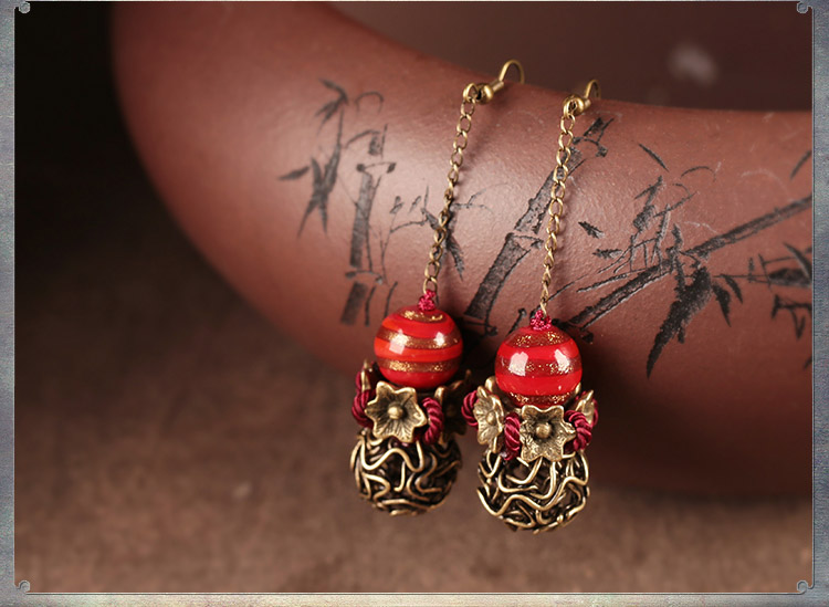 艷塵復(fù)古家佳樂文學(xué)氣質(zhì)耳環(huán)，古風(fēng)紅色琉璃首飾