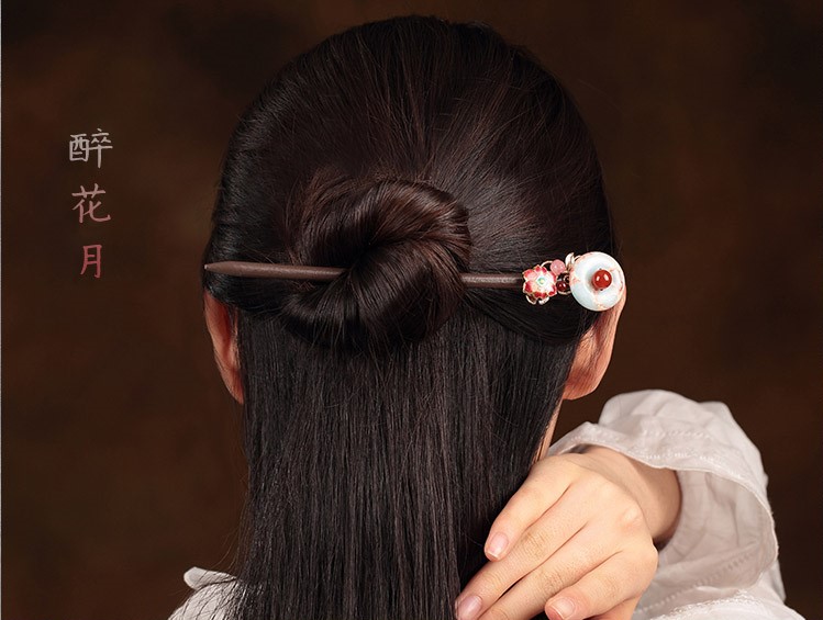 醉花月平安扣木簪子，粉色花朵發(fā)簪頭飾