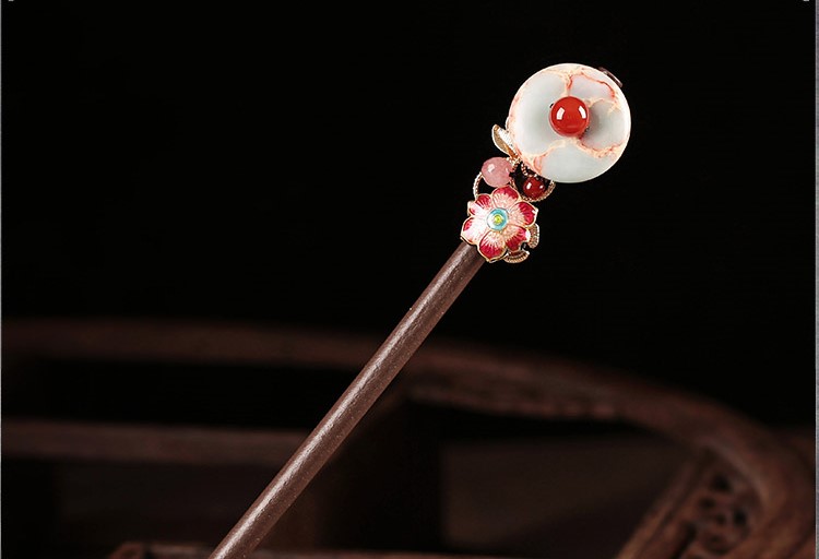 醉花月平安扣木簪子，粉色花朵發(fā)簪頭飾