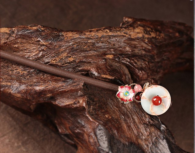 醉花月平安扣木簪子，粉色花朵發(fā)簪頭飾