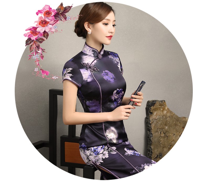 優(yōu)雅鏡花旗袍，清新藍色花旗袍裙