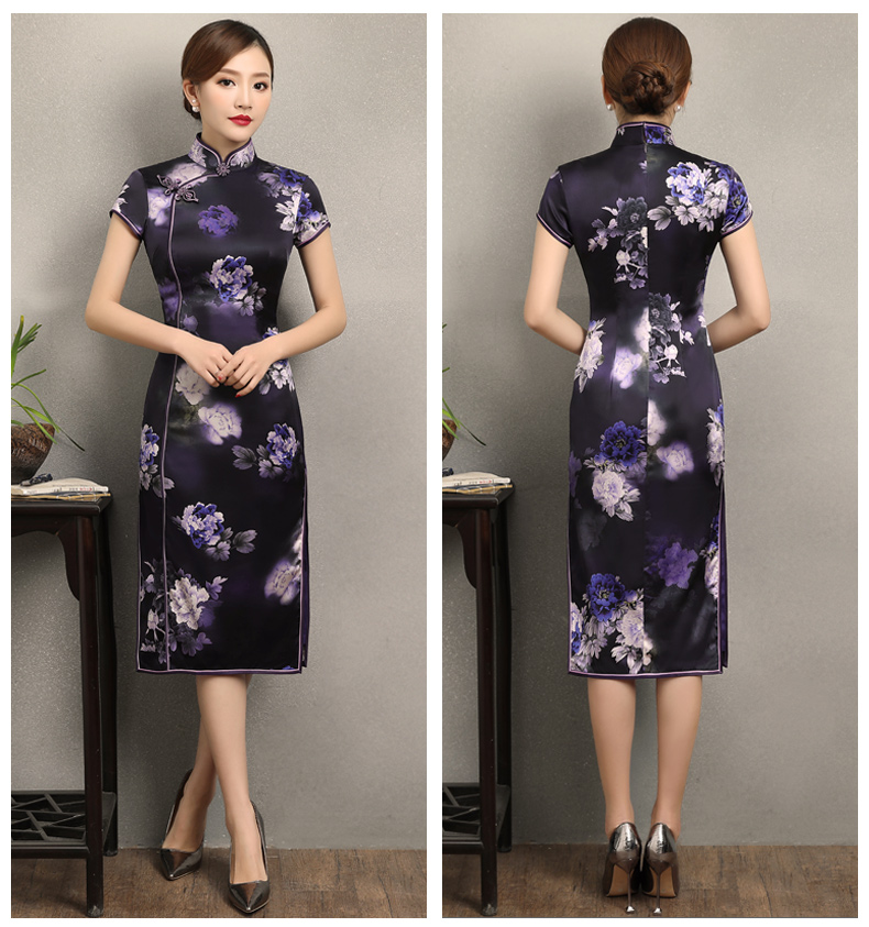 優(yōu)雅鏡花旗袍，清新藍色花旗袍裙