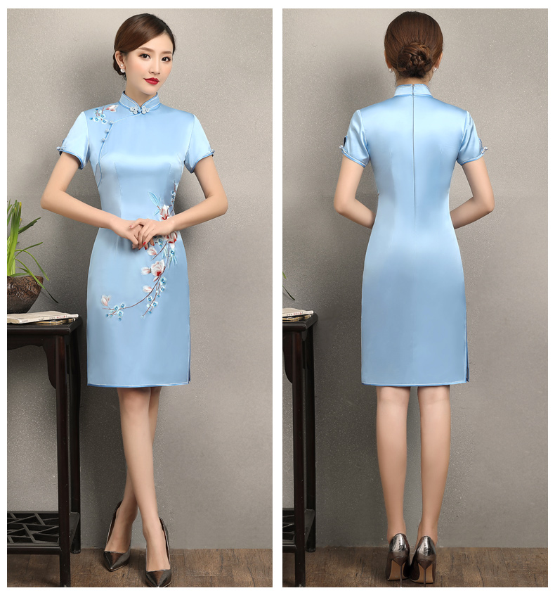 淡藍(lán)清新繡花旗袍，散香時尚旗袍裙