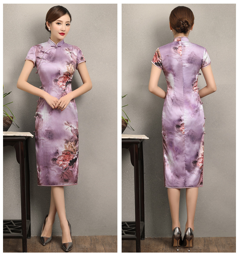 淡紫清新印花旗袍，高貴典雅旗袍裙