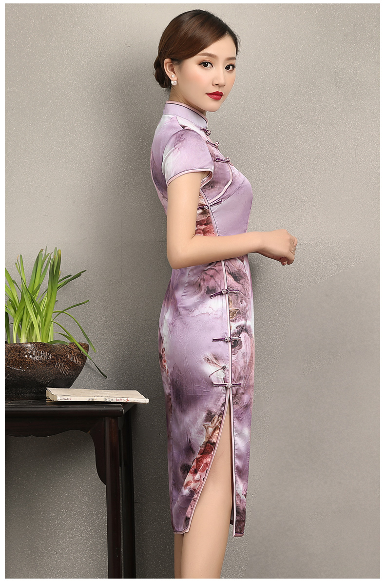 淡紫清新印花旗袍，高貴典雅旗袍裙