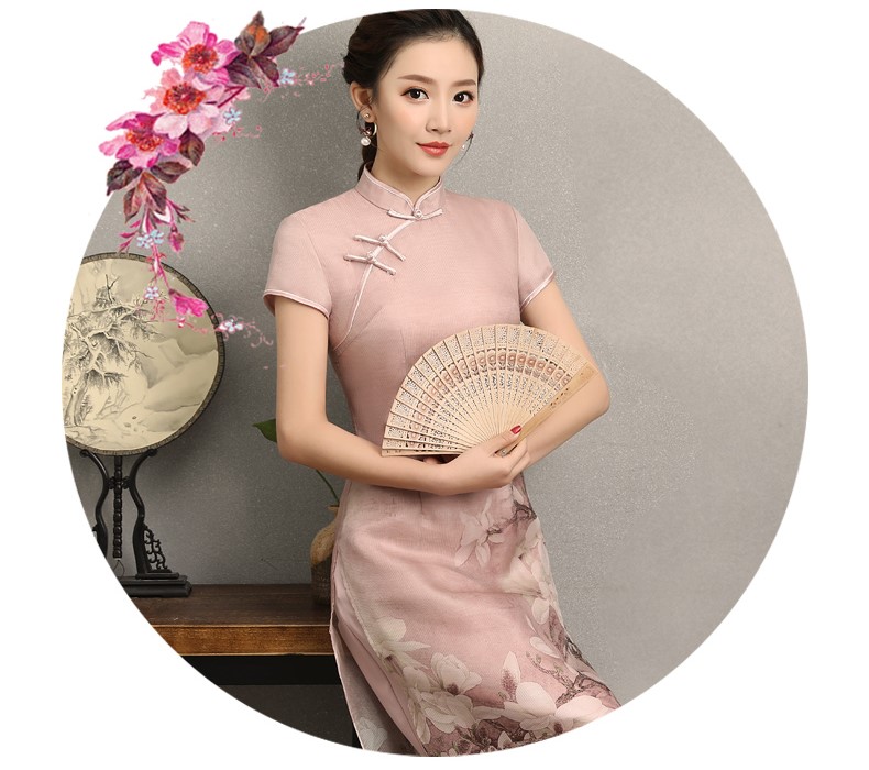 粉色玉蘭花旗袍，清新亮麗旗袍裙