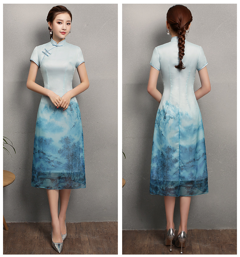 藍(lán)墨家佳樂文學(xué)旗袍，時尚中式旗袍裙