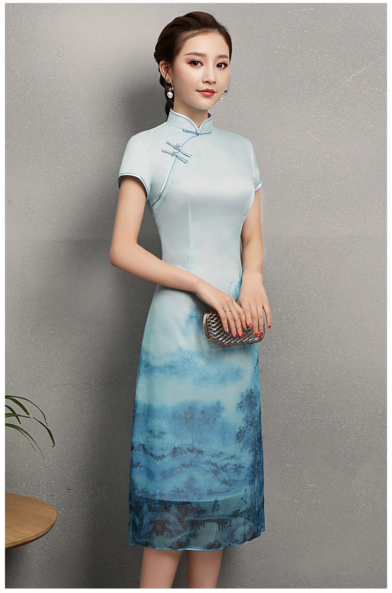 藍(lán)墨家佳樂文學(xué)旗袍，時尚中式旗袍裙