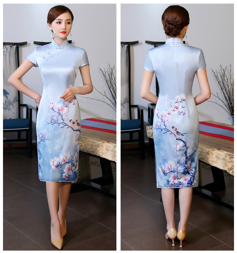 優(yōu)雅蘭花藍(lán)色旗袍，淡雅清新旗袍裙