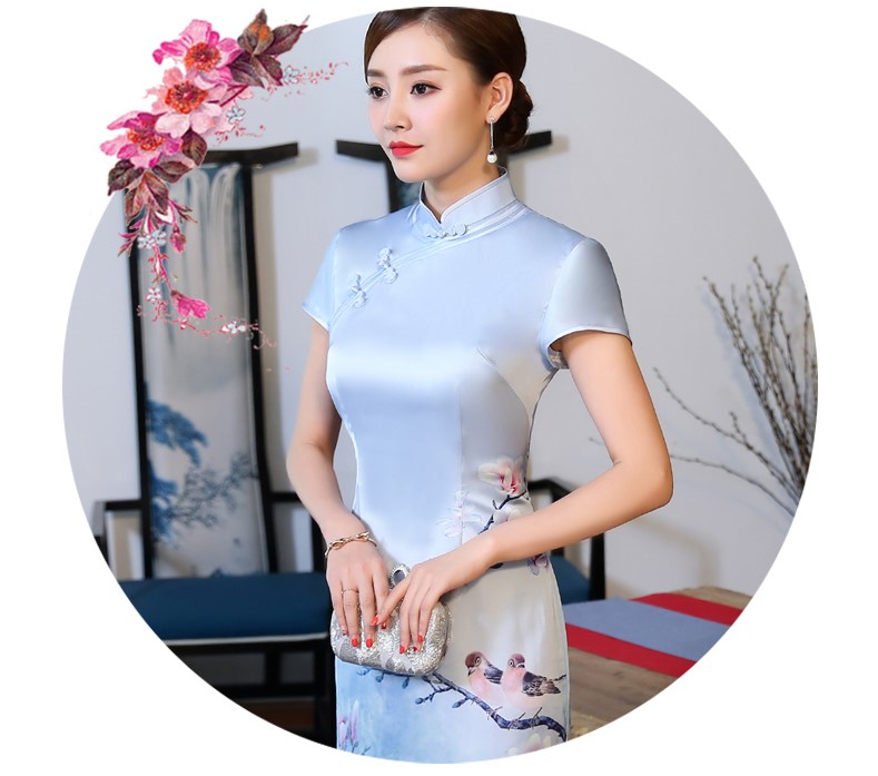 優(yōu)雅蘭花藍(lán)色旗袍，淡雅清新旗袍裙