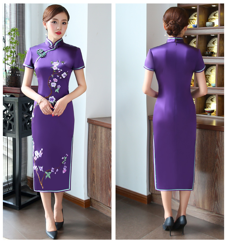 精致繡花高貴紫旗袍，時尚典雅旗袍裙