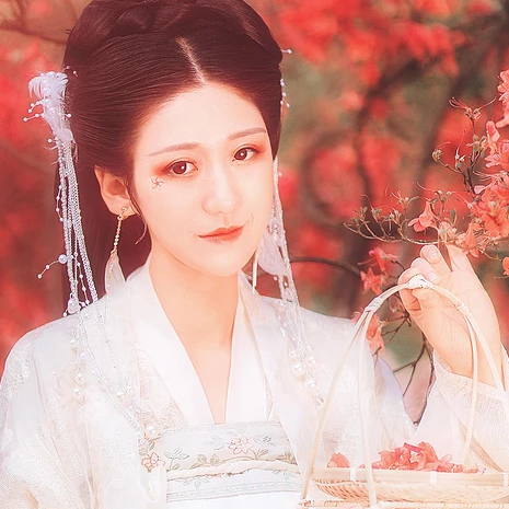 楓葉白衣帶團扇女生頭像，唯美古風(fēng)真人頭像