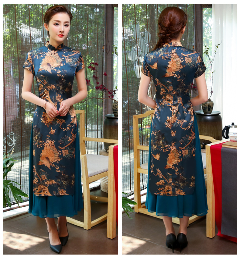 吉祥孔雀圖旗袍，家佳樂(lè)文學(xué)奧黛旗袍裙