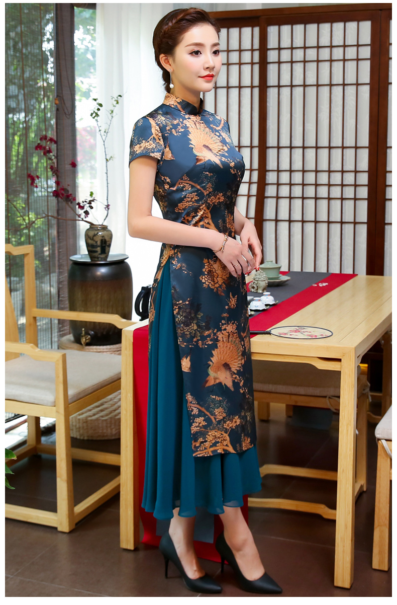 吉祥孔雀圖旗袍，家佳樂(lè)文學(xué)奧黛旗袍裙