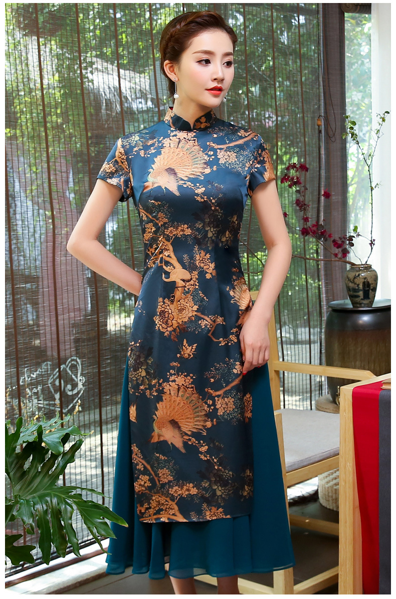 吉祥孔雀圖旗袍，家佳樂(lè)文學(xué)奧黛旗袍裙
