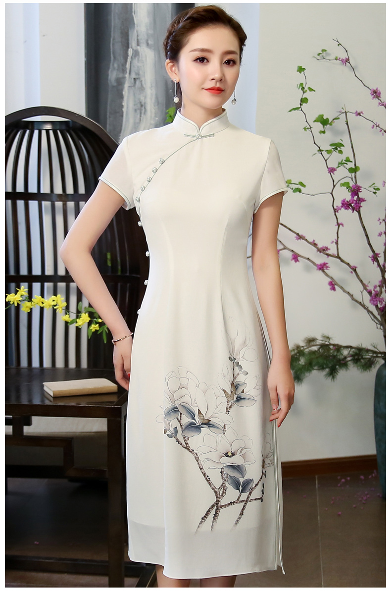 玉蘭花圖旗袍，素雅奧黛風(fēng)旗袍裙