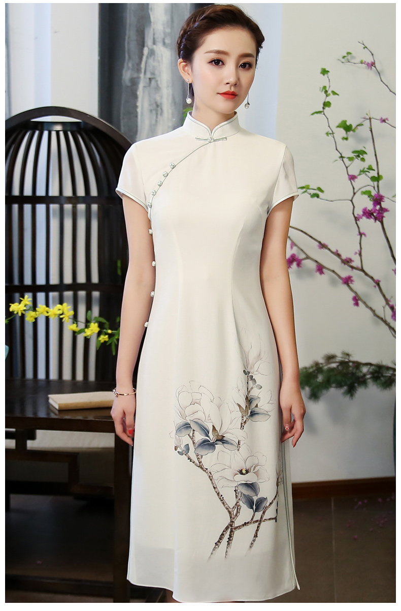 玉蘭花圖旗袍，素雅奧黛風(fēng)旗袍裙