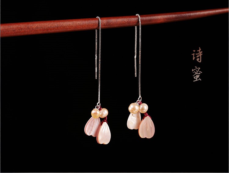 小清新珍珠貝殼耳環(huán)，唯美花瓣吊墜耳環(huán)首飾