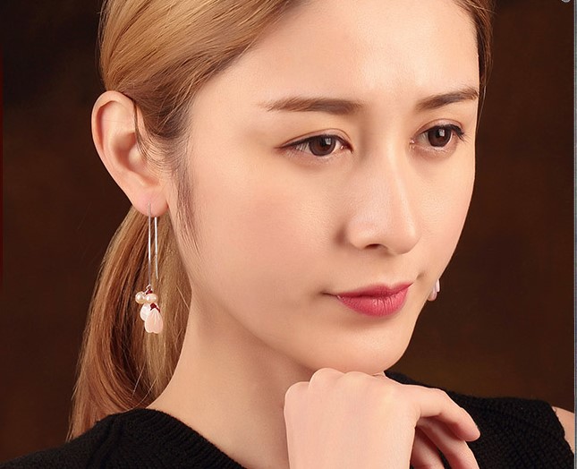 小清新珍珠貝殼耳環(huán)，唯美花瓣吊墜耳環(huán)首飾