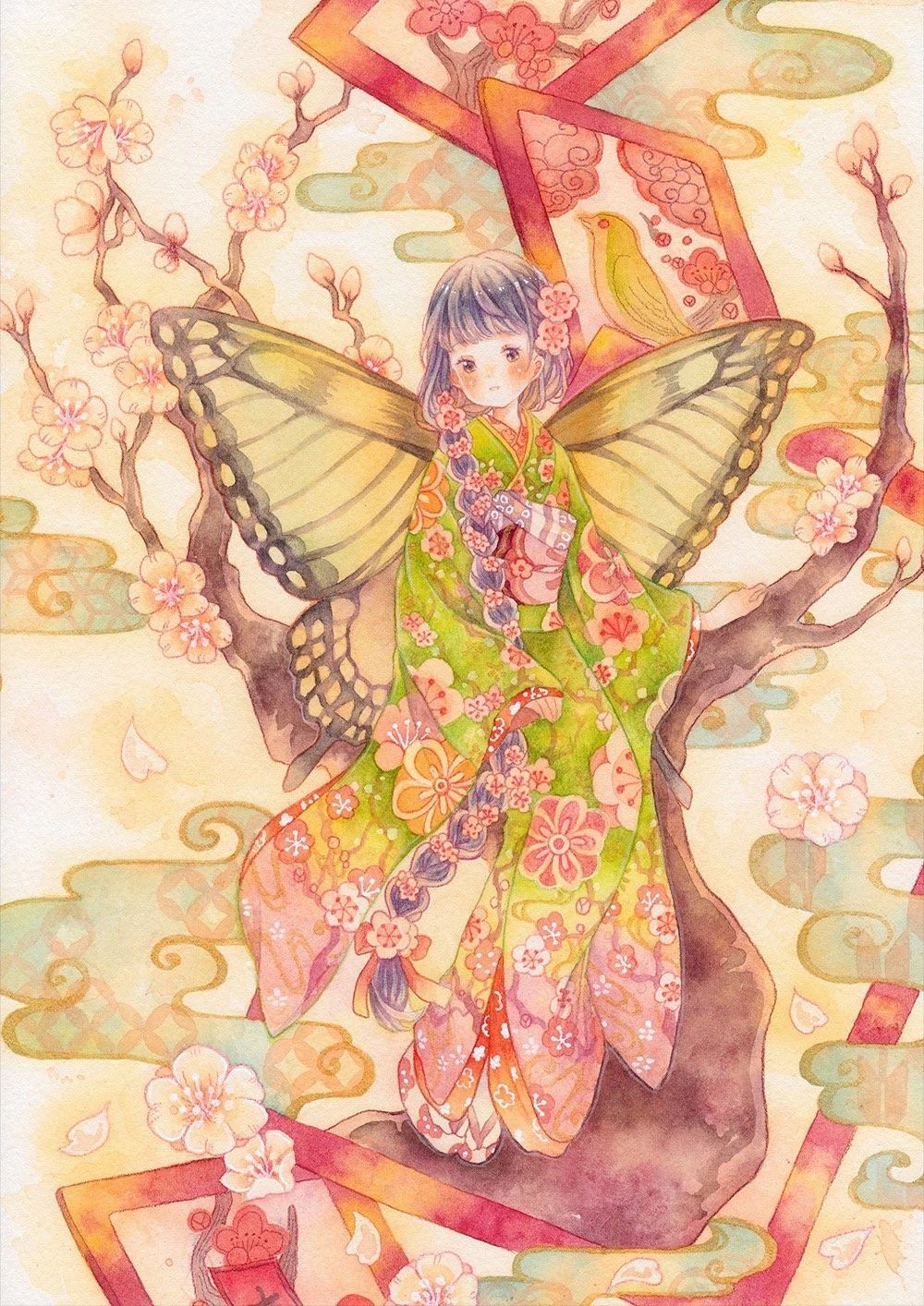 一組少女風的日系水彩插畫：清新唯美萌妹紙