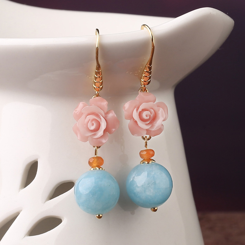 名媛氣質(zhì)花朵耳環(huán)，清新古風(fēng)粉藍(lán)雙色首飾