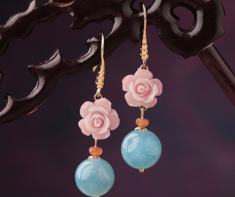 名媛氣質(zhì)花朵耳環(huán)，清新古風(fēng)粉藍(lán)雙色首飾