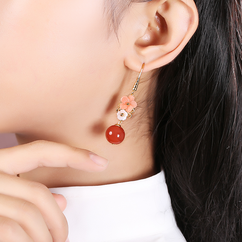 復(fù)古紅瑪瑙吊墜耳環(huán)，超仙花朵耳飾首飾